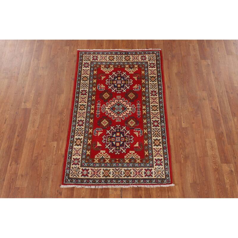 Geometric Red Kazak Oriental Accent Rug Bedroom Handmade Wool Carpet - 2'8" x 4'3"
