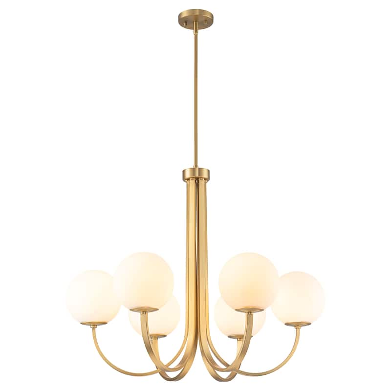 6-Light 32.2" Modern Gold Linear Cluster Globe Chandelier with Frosted Opal Glass Shade - 32.2 in. W x 26.7 in. H