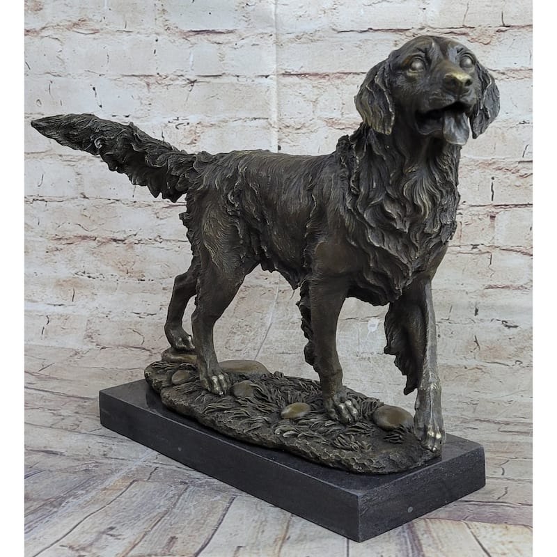 Golden Retriever Dog Bronze Statue Sculpture Figure On Marble Base Signed Art