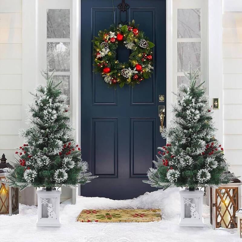 3 Ft Artificial Pre-Lit Christmas Tree with Snowflakes and Red Berries - Green 2 pcs