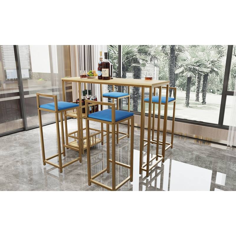 5 Piece Bar Table Set, Counter Height Kitchen Table Set, Metal Table and Chairs Set with 4 Upholstered Chairs & Storage Shelves