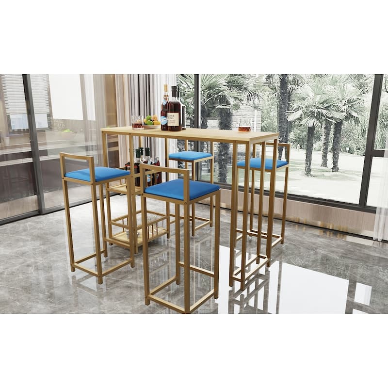 5-Piece Bar Table Set with 4 Navy Stools & Storage Shelf