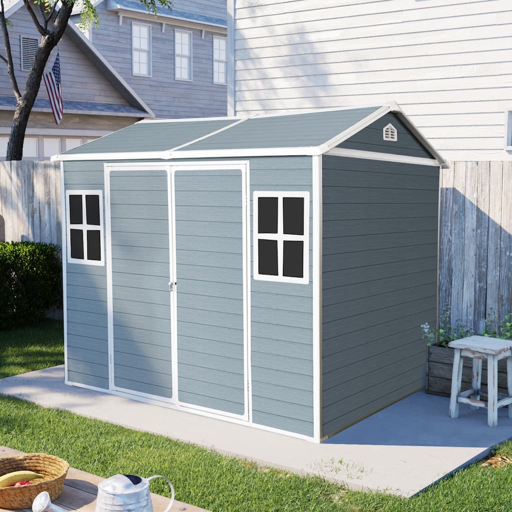 GDF Studio - Kearney Outdoor Resin Storage Shed with Floor, Two Windows, and Lockable Door
