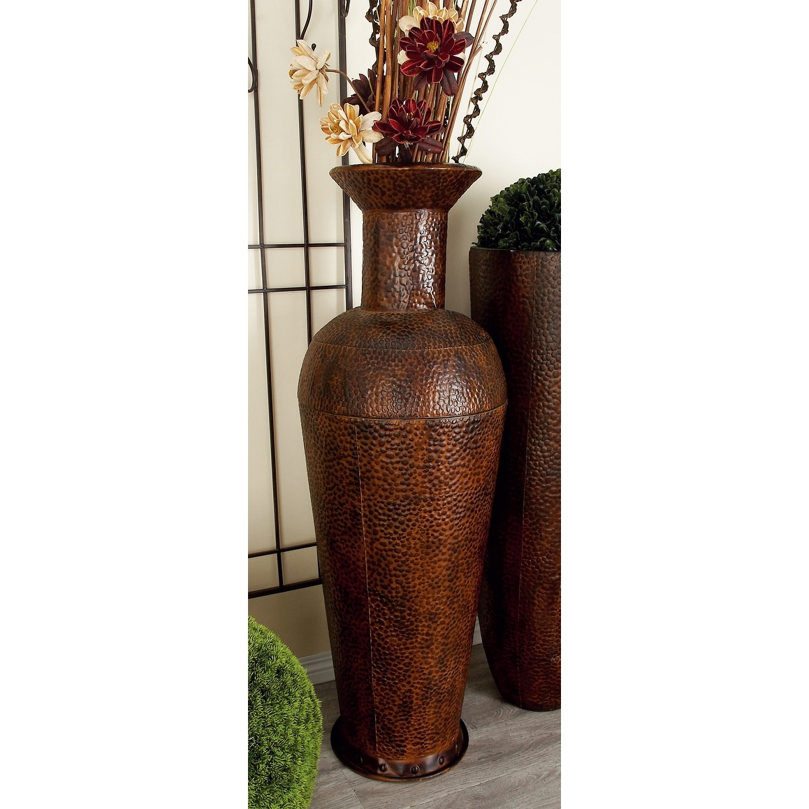 Brown or Dark Brown Metal Indoor Outdoor Tall Floor Bottleneck Decorative Vase with Bubble Texture and Studs (Set of 3)