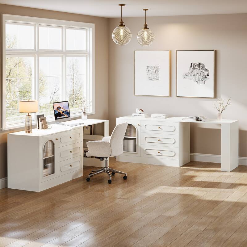 Modern 360° Rotatable Computer Desk, Executive Desk with 3 Drawers