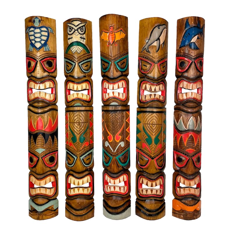 Zeckos Double Tiki Mask Animal Totem Carved Wood Wall Masks (Set Of 5)