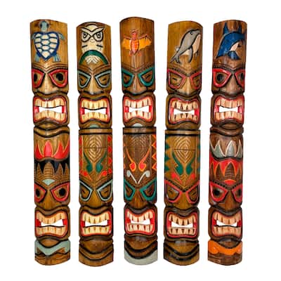 Zeckos Double Tiki Mask Animal Totem Carved Wood Wall Masks (Set Of 5)