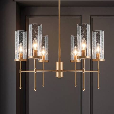 Modern Gold 6-Light Unique Wagon Wheel Chandelier with Seeded Glass for Dining Room - D23.2'' x H90''
