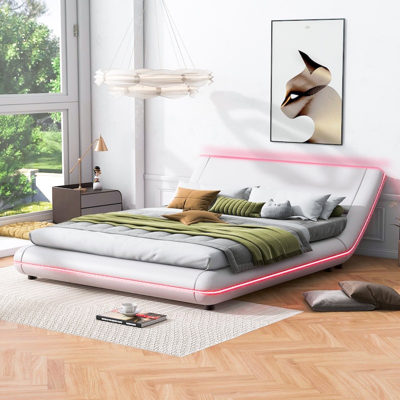 Full Sleigh Shaped Grounded Bed Frame Platform Bed with LED Belt and