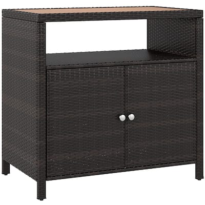 Brown-Teak PE Rattan Outdoor Storage Cabinet with Acacia Wood Top and Shelf - 35.4" W x 20.9" D x 33.9" H