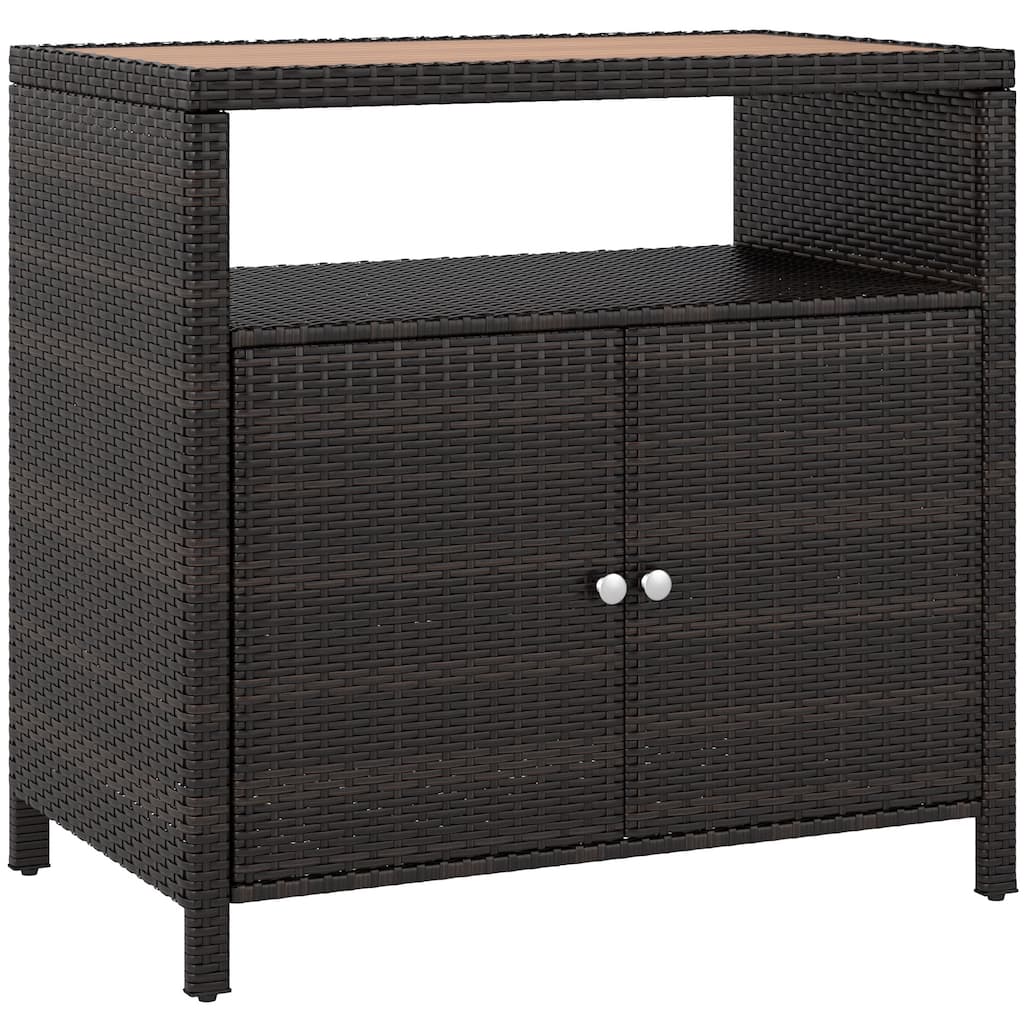Brown-Teak PE Rattan Outdoor Storage Cabinet with Acacia Wood Top and Shelf - 35.4" W x 20.9" D x 33.9" H