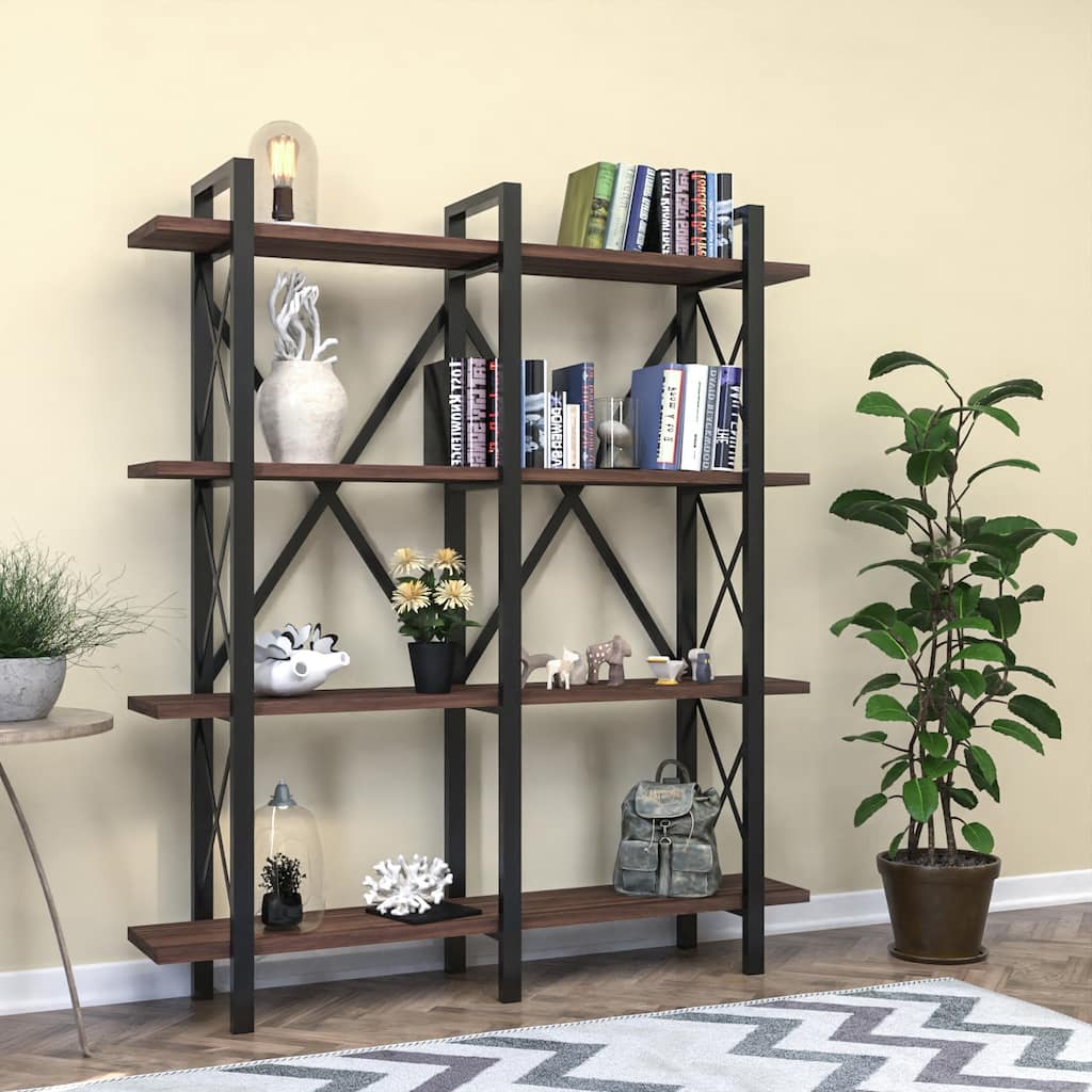 Cunda 5 Tier Bookcase, Metal Frame Wood Base Bookshelf, Walnut
