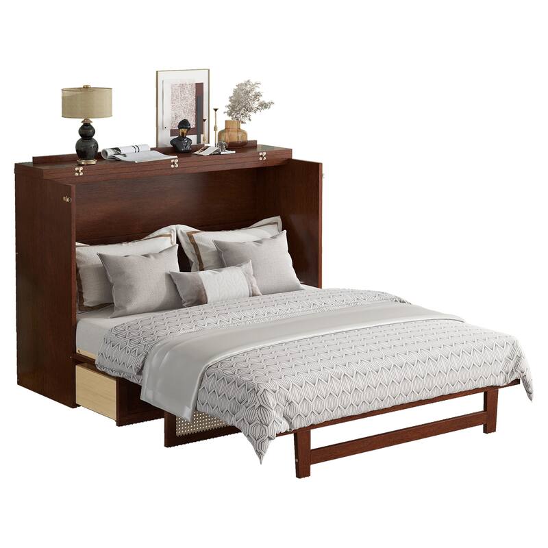 Queen Size Murphy Bed Cabinet with Rattan Decoration and Storage Drawer, Walnut Finish