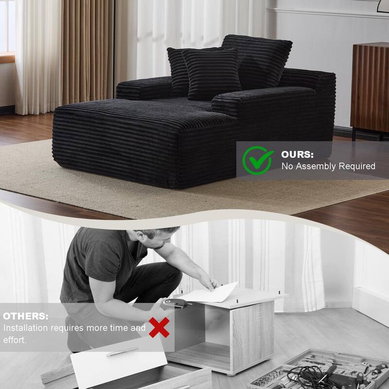 Oversized Chaise Lounge Chair, Modern Corduroy Sleeper Sofa Daybed, Black, No Assembly