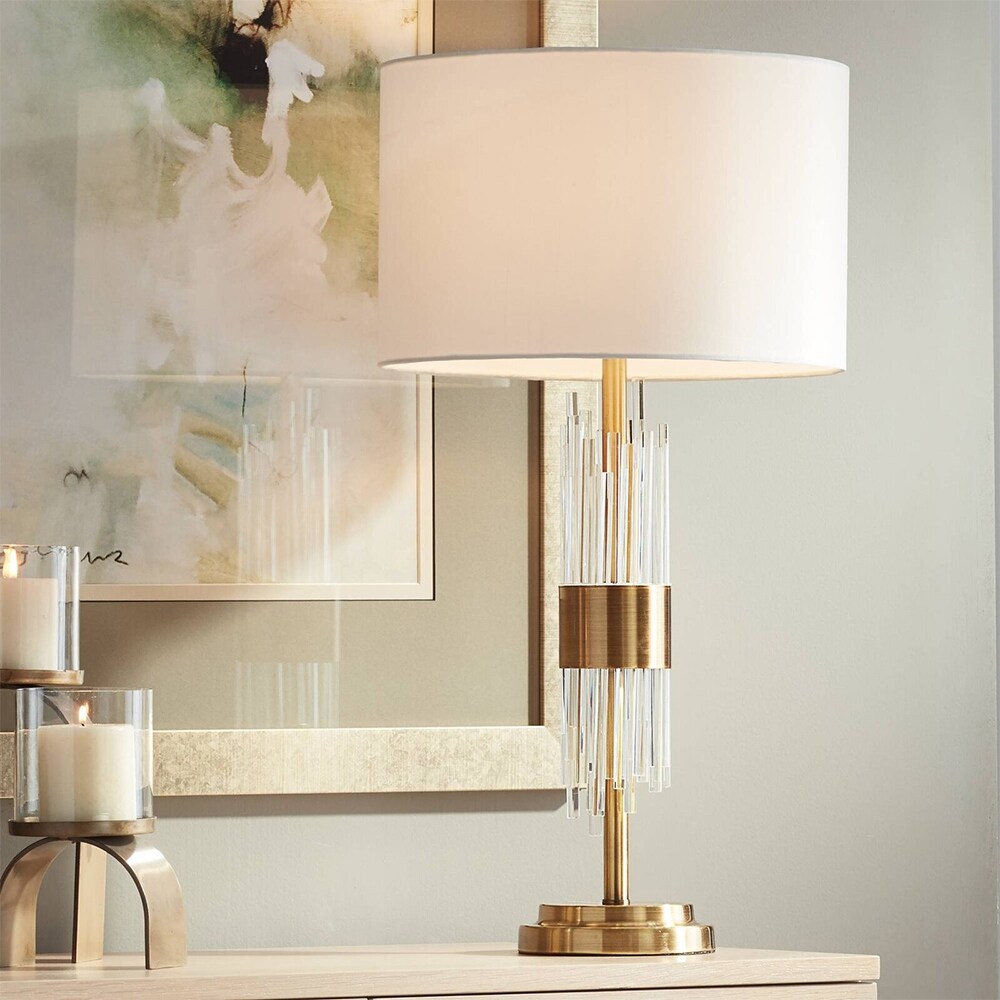 Mid Century Modern Table Lamp Brass Clear Glass Tube White Drum 14 x 27.5 Bed Bath Beyond 37364570