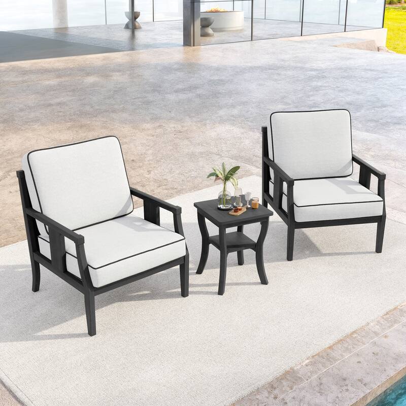 3-Piece Teak Wood Outdoor Armchair Set with Side Table, Cushions, Patio Seating Sets