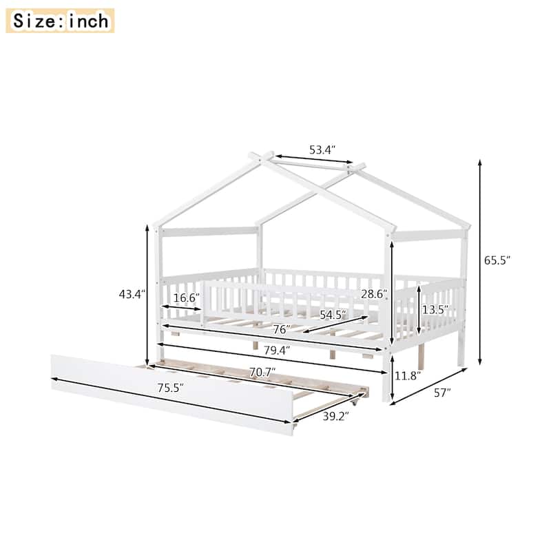 Full Size Wooden House Bed with Twin Size Trundle, Roof and Fence