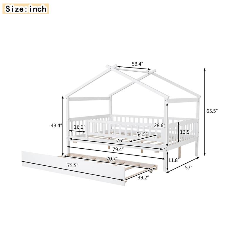Pine House Bed with Trundle, Guardrail & Roof