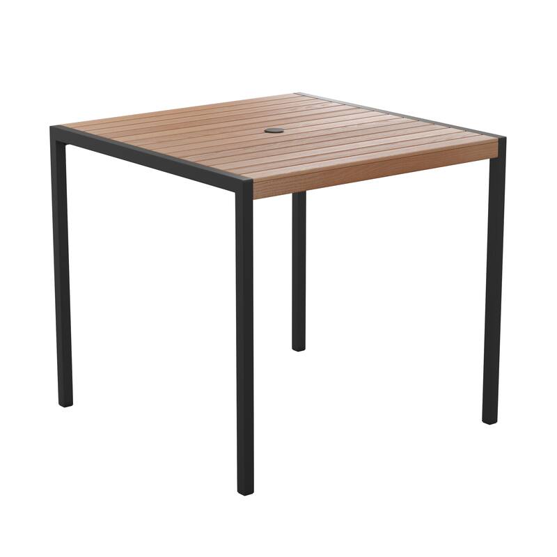 Black Steel Framed 36" Square Faux Teak Table with Umbrella Hole & 2 Club Chairs
