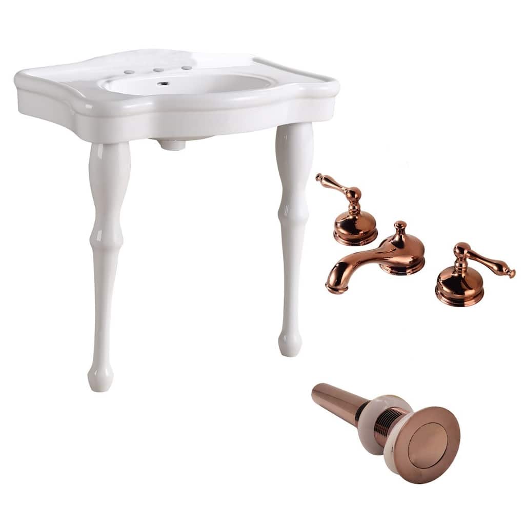 White Porcelain Console Sink China Two Spindle Legs with Rose Gold 8 Faucet