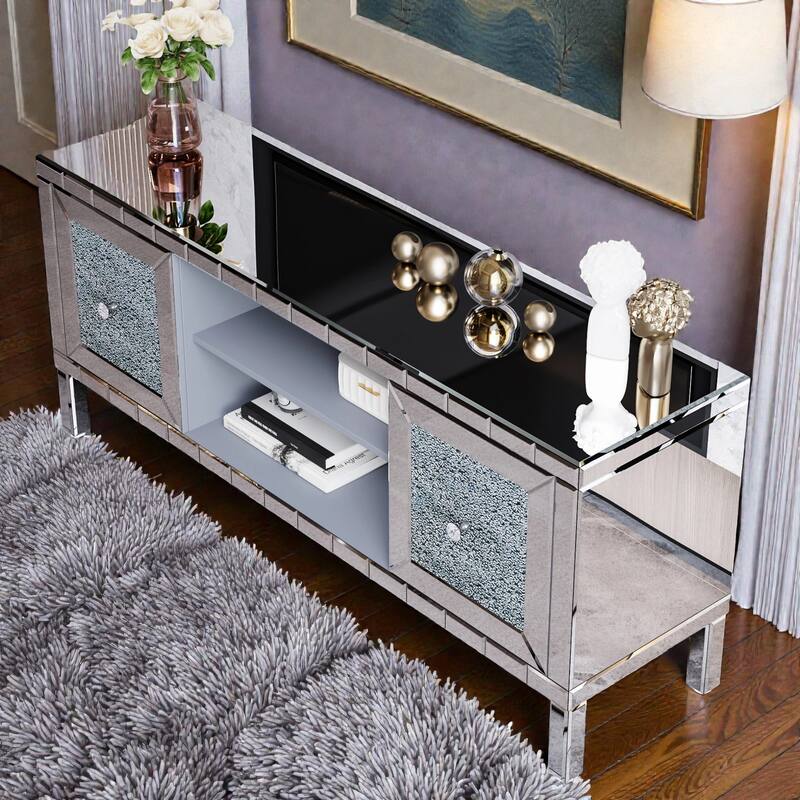 59 Inch Mirrored TV Stand with Crushed Diamond Glass Doors, Modern Entertainment Center for 65 Inch TV