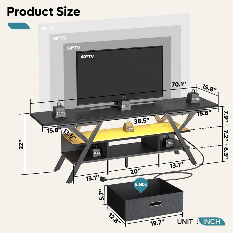 70 inch TV Stand for TVs up to 75" with LED & Outlet,Large Media Console