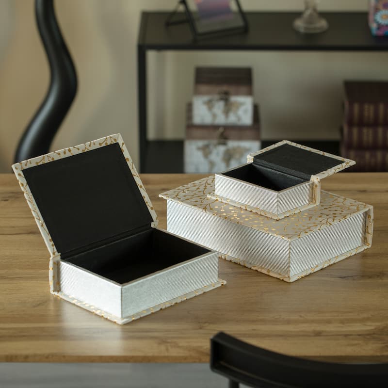 Set of 3 Velvet Vintage Storage Wooden Antique Classic Decorative Book Box Holder