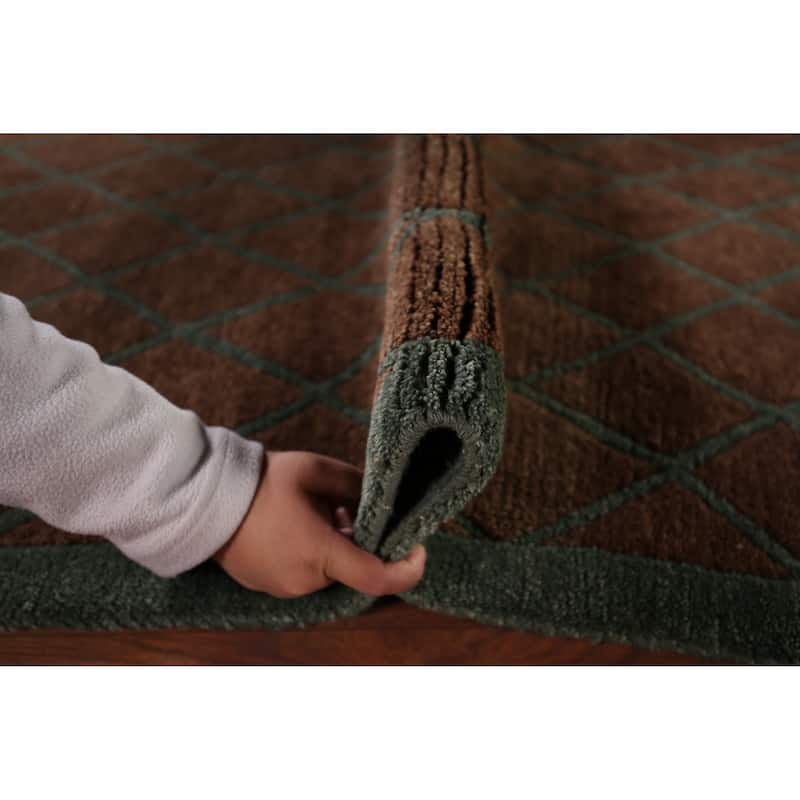 All-Over Brown Trellis Nepalese Oriental Rug Hand-Knotted Wool Carpet - 5'0"x 8'1"