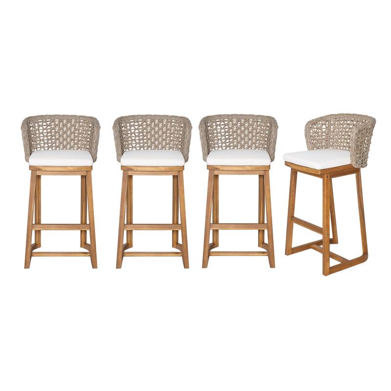 Christopher Knight Home - Dome Set of 4 Outdoor Acacia Wood Bar Stools with Wicker Back and Cushions