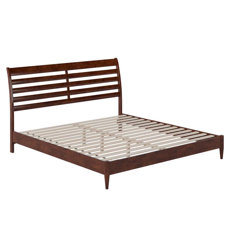 King Size Wood Platform Bed - Low Profile Modern Bed Frame Walnut Finish