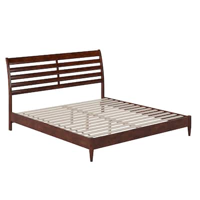 King Size Wood Platform Bed - Low Profile Modern Bed Frame Walnut Finish