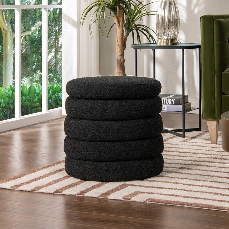 19" Oversized Round Upholstered Storage Ottoman, Sturdy Solid Birchwood and Plywood Frame, Boucle - Black