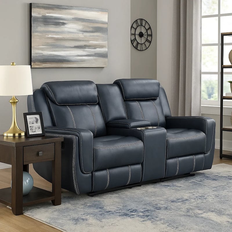 Louise 76 Inch Dual Manual Recliner Loveseat, Cupholder, Blue Faux Leather