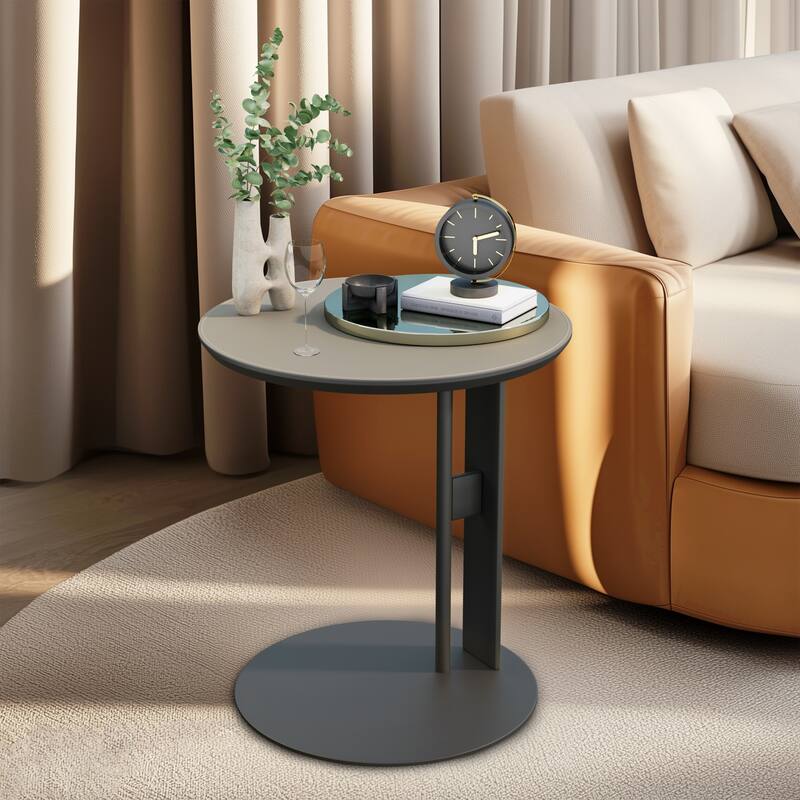 Modern Round End Table with Microfiber Saddle Leather Top and Metal Sandblasting Pedestal - Grey