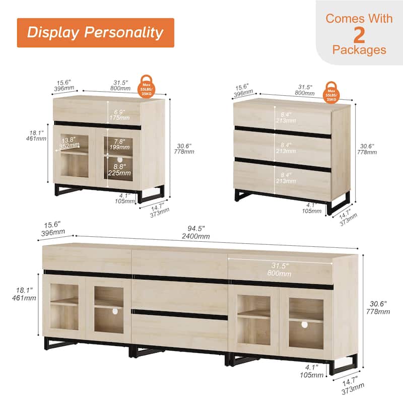 WAMPAT 3 in 1 Multifunctional Dresser with Glass Doors and 5 Drawers, Modern Chest of Drawers for Bedroom