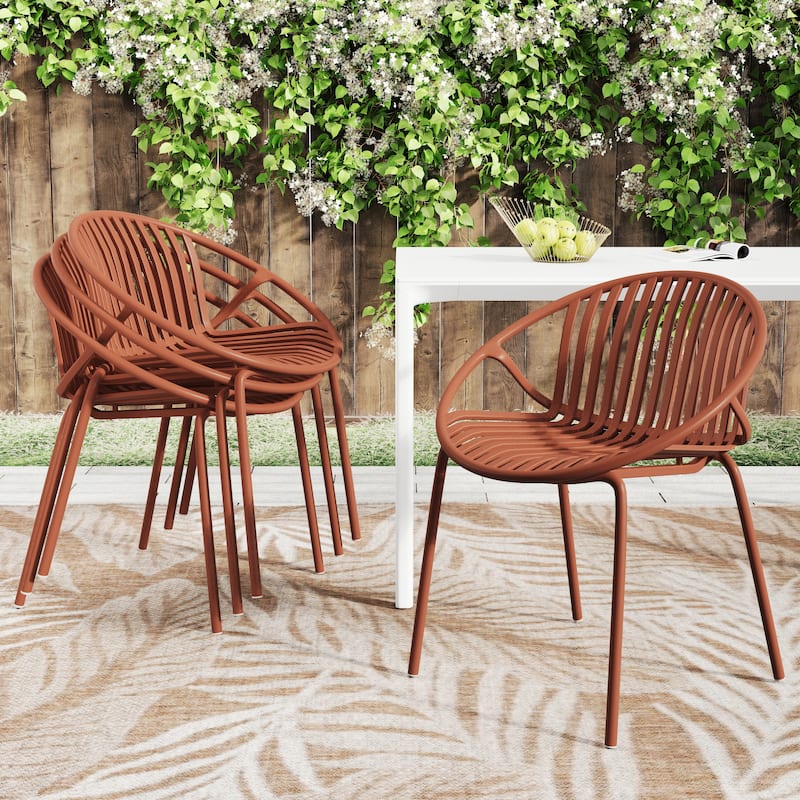 Patio Dining Chairs Set of 2 Modern Stackable Chairs with Breathable Plastic Backrest and Metal Legs for Outdoor, Backyard