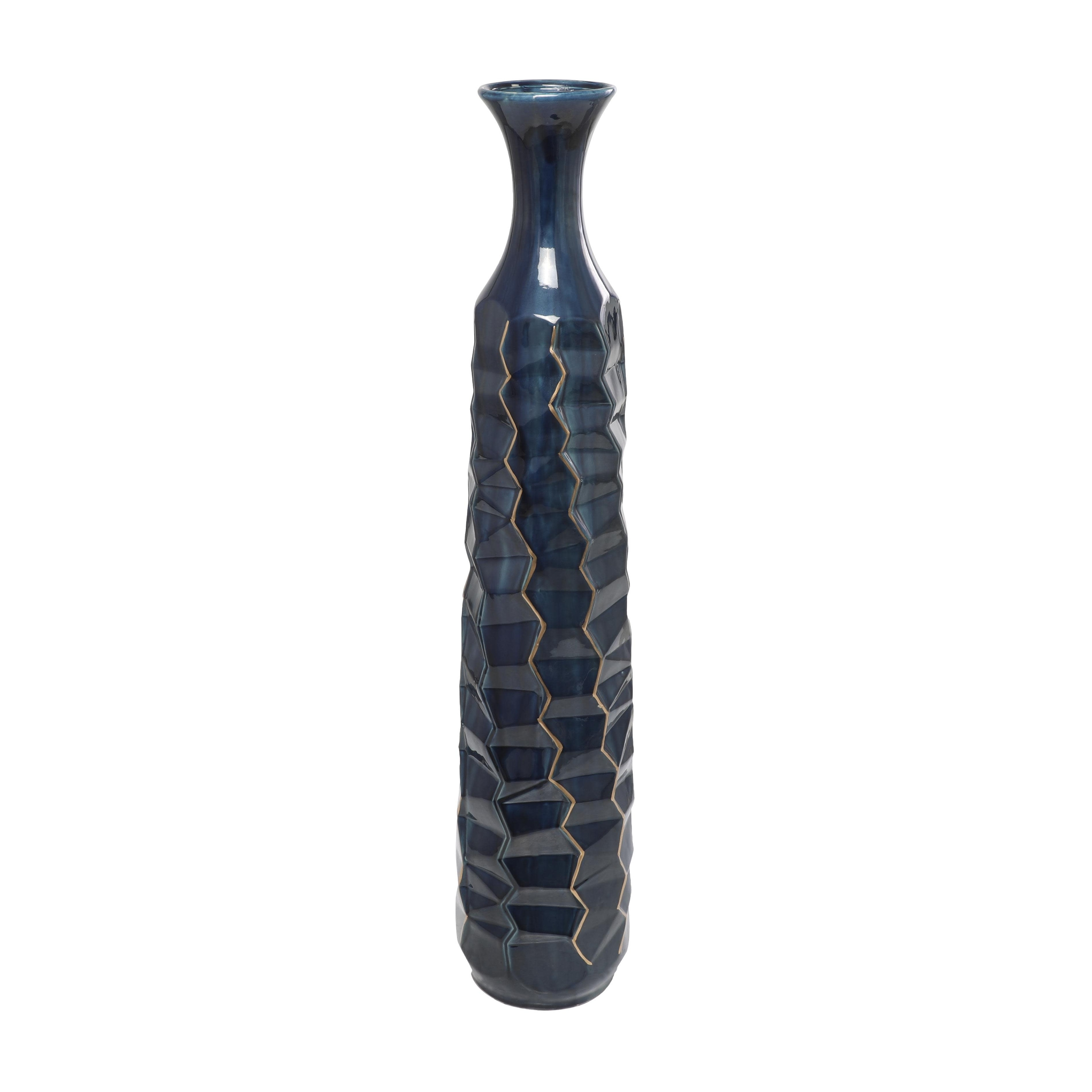 Ceramic Geometric Floor Vase with Gold Accents - Teal - Roche River Decor