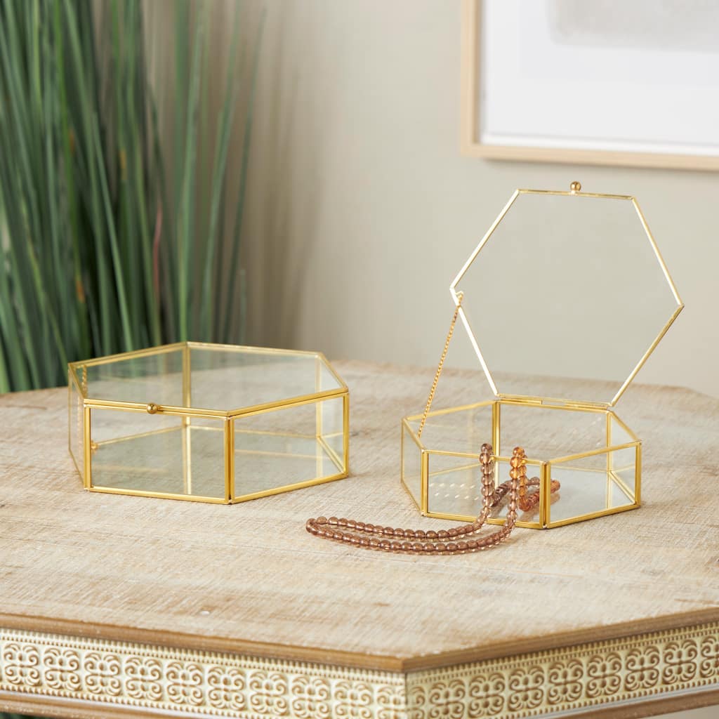 Clear Glass Hexagon Geometric Decorative Jewelry Box with Gold Metal Frame and Chain Accent (Set of 2)