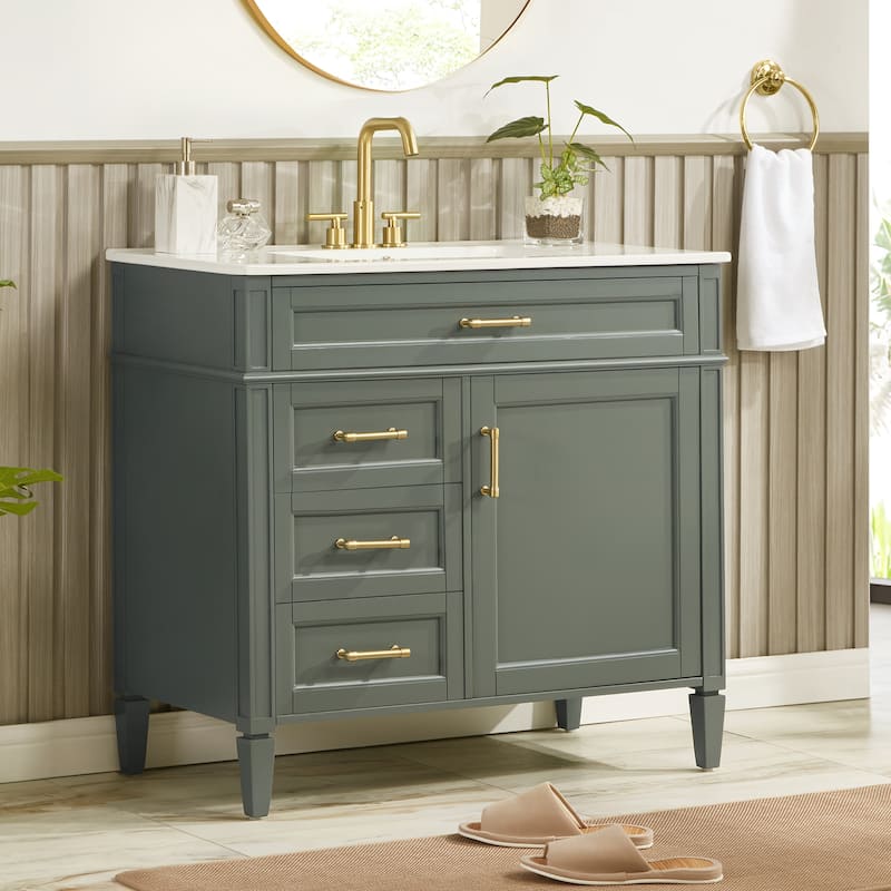 Modern 36" Freestanding Bathroom Vanity Cabinet Wood Frame with Ceramic Sink and Divided Drawers - Green