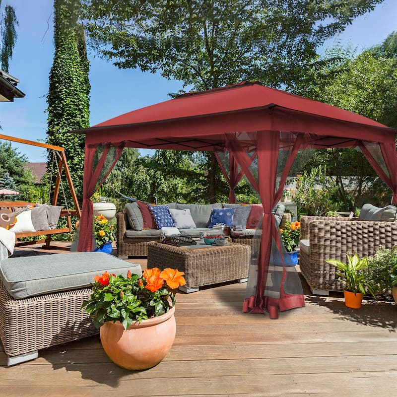 Cozywor 11 ft. x 11 ft. Pop-Up Steel Gazebo with Mosquito Netting - Red