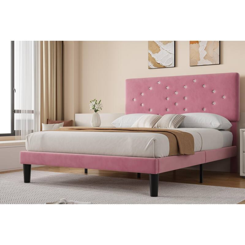 Bed Frames, Velvet Upholstered Bed Frame with Vertical Channel Tufted & Sturdy Wood Slats