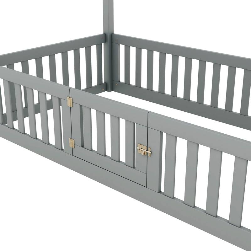 Twin/Full Size Wood House Bed with Fence, Door, and Roof for Children's Bedrooms, Small Space, No Box Spring Needed
