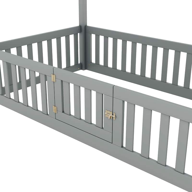 Twin House Platform Bed with Roof, Fence and Door, Distressed Washed Finish, Imaginative Bed for Kids' Playrooms
