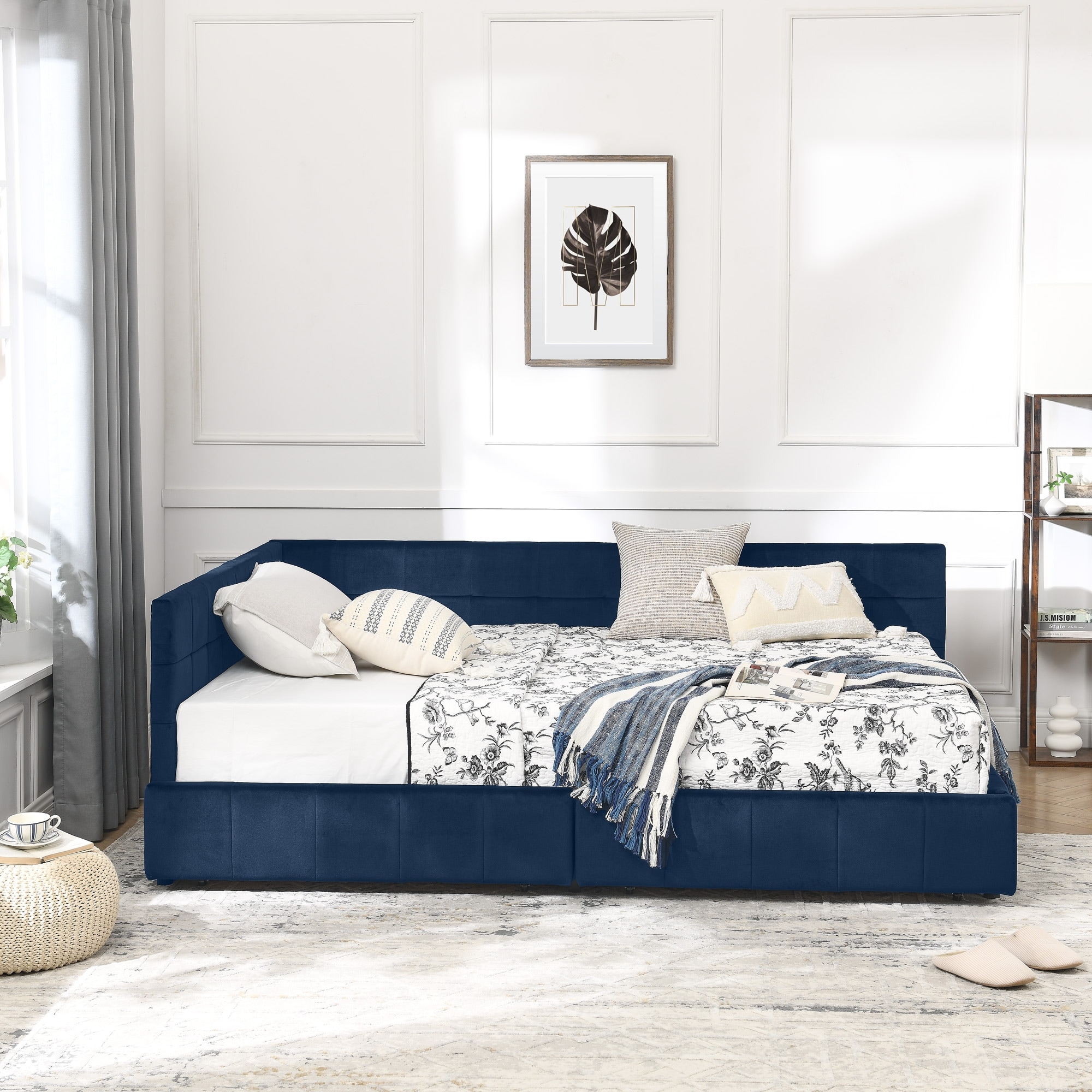 Full Size Upholstered Tufted Bed Frame, Storage Sofa Bed Frame, Velvet Fabric Daybed with 2 Drawers, No Box Spring Needed