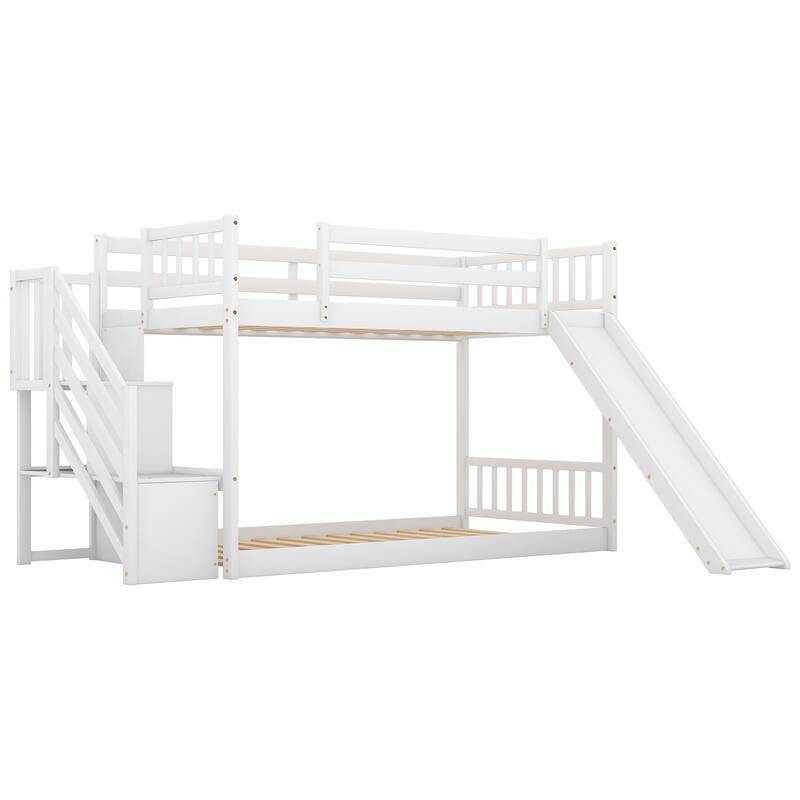 Space-Saving Twin Bunk Bed with Slide and Storage Stairway, Stylish Design for Kids