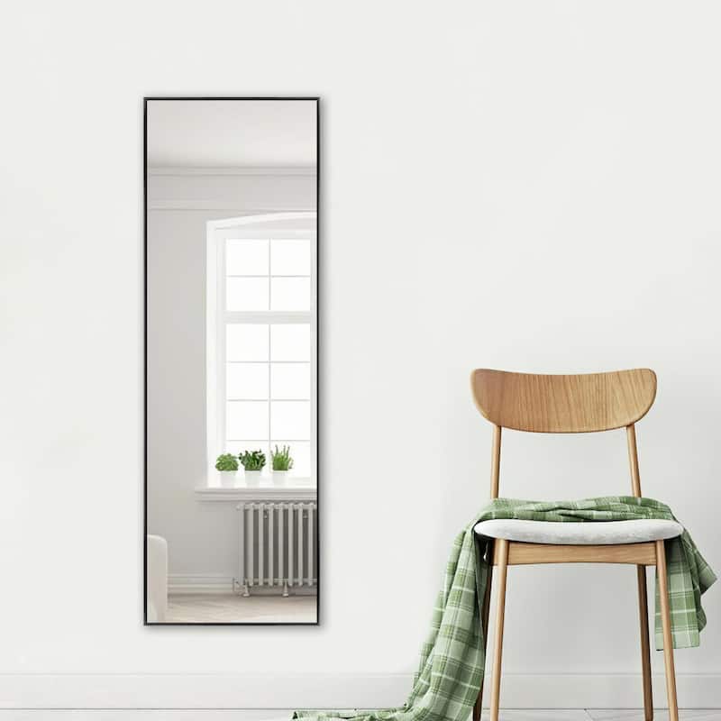Modern Sleek Metal Frame Full-length Hanging or Leaning Wall Mirror - 47X16 - Black
