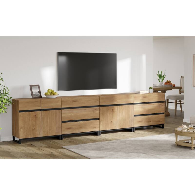 Modern TV Stand for TVs up to 120 Inches, 4-in-1 Media Console with Adjustable Shelves and 6 Drawers, TV Cabine - 4 piece - Oak