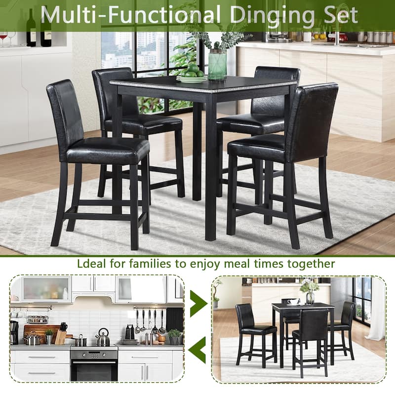 GDFStudio - Hamilton 5-Piece Classic Crystal Design Wooden Counter Height Dining Table Set with 4 Upholstered Chairs