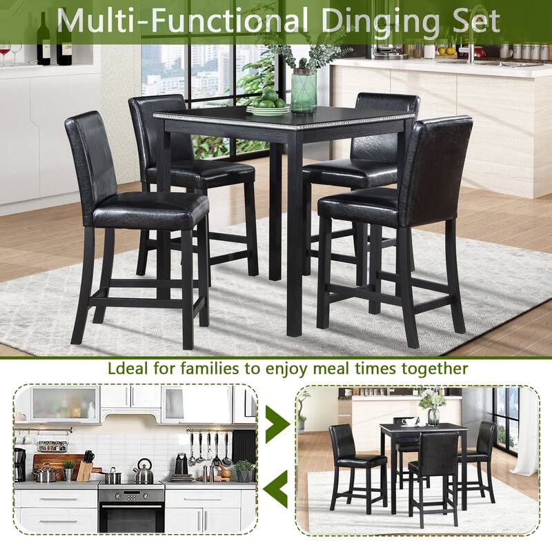 Modern 5-Piece Dining Set with Square Counter Height Table & 4 Upholstered Chairs