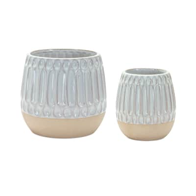 Beige and White Ribbed Porcelain Round Table Vase Set of 2 for Living Room